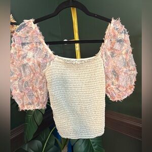 Free People Intimately Sheer Tulle Puff-Sleeve Smocked  Top in Ivory&Blush